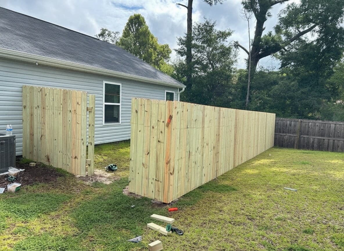 Privacy fence sections being installed