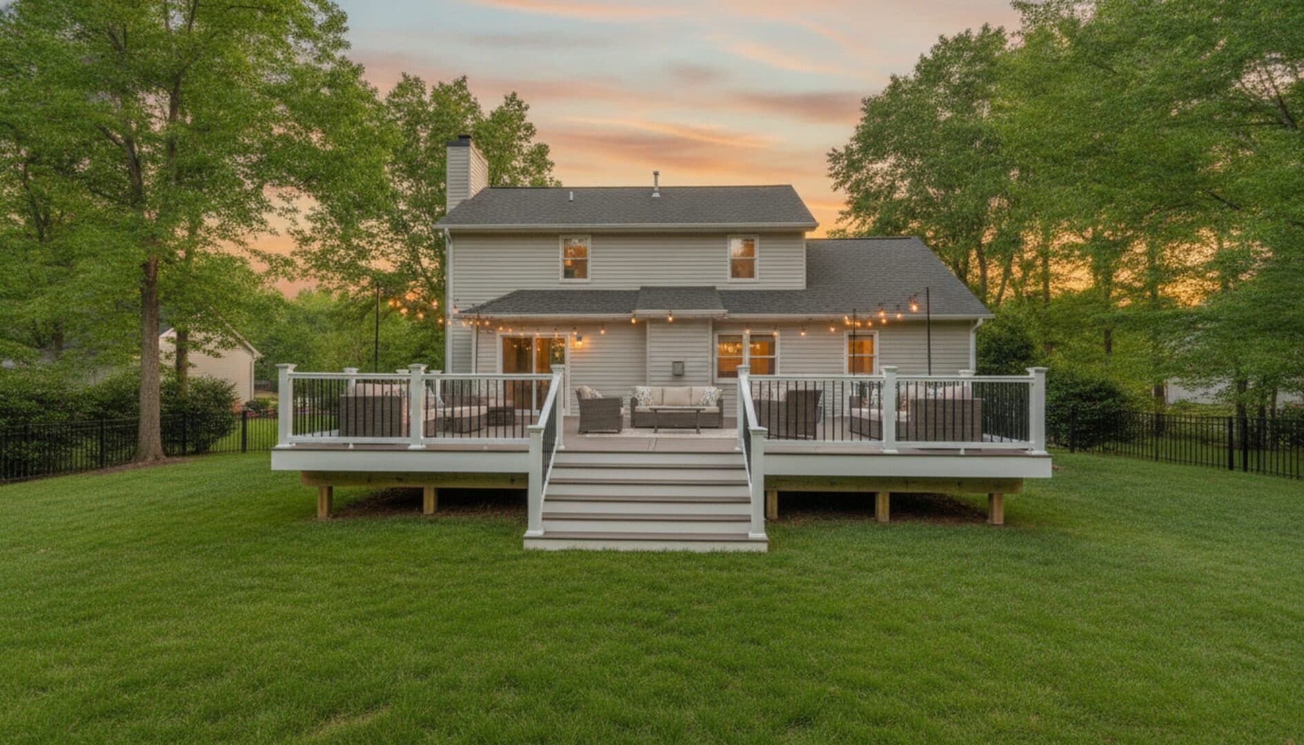 Elevated composite deck with white railings and black balusters on a Charlotte-area home at sunset