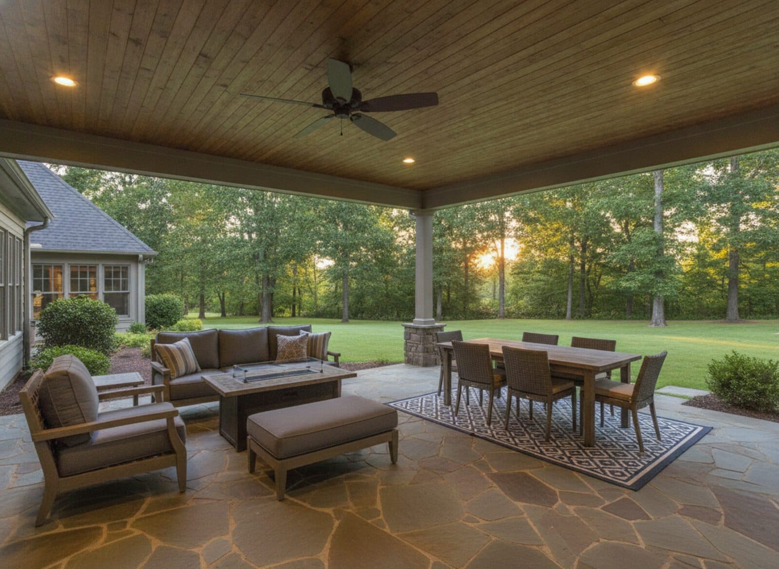 Covered patio outdoor living room with wood ceiling, ceiling fan and lounge furniture at dusk