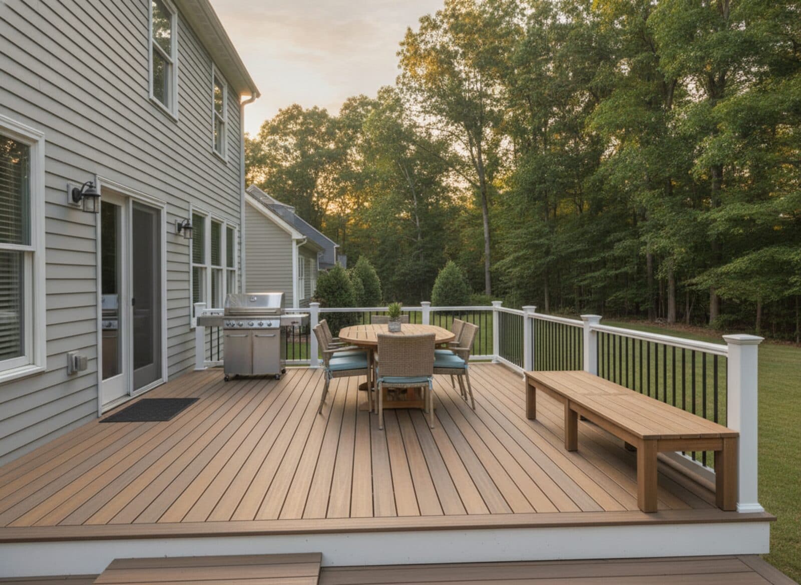 Newly built composite deck with white railings, black balusters, built-in bench and outdoor dining set