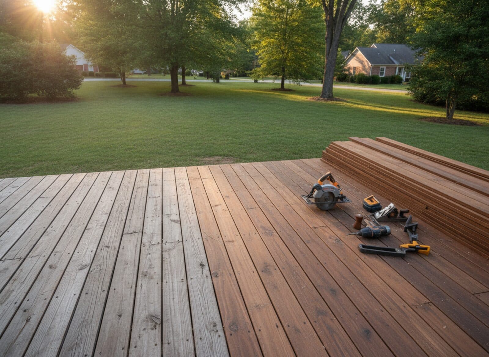 Deck surface mid-renovation: weathered gray boards being replaced with fresh new decking