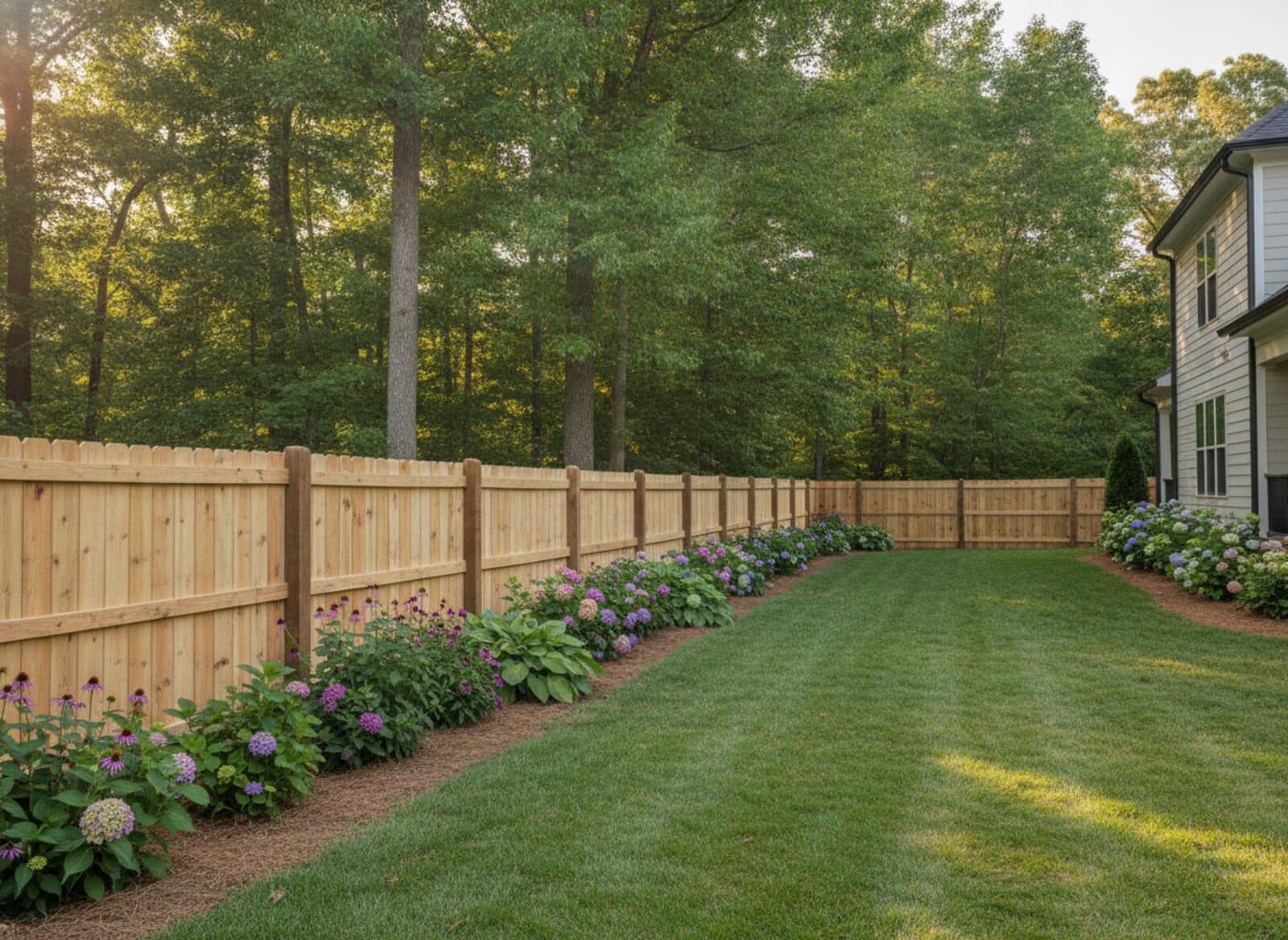 New wooden privacy fence with clean top line along a landscaped backyard