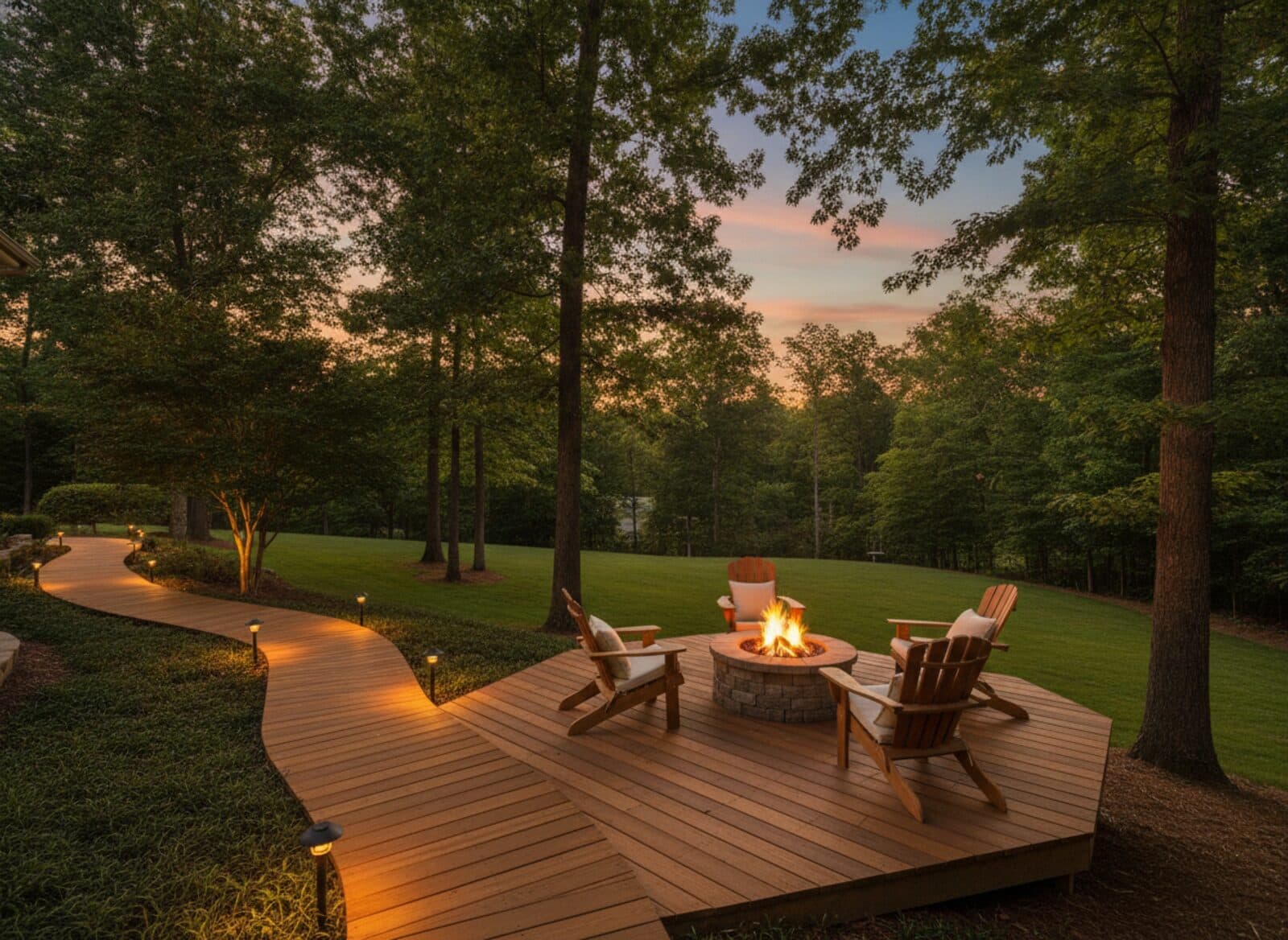 Backyard fire pit deck with Adirondack chairs and a lit walkway on a wooded slope