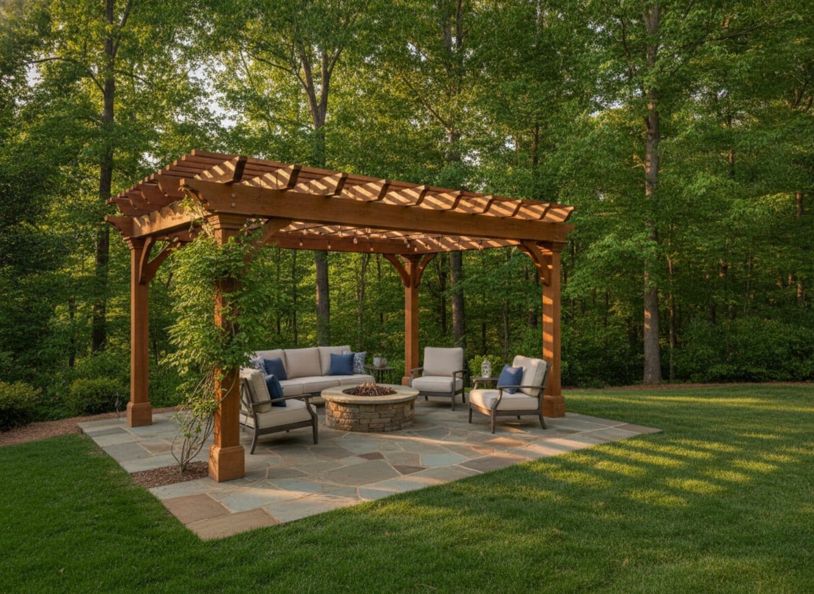 Cedar pergola with string lights over a stone patio seating area
