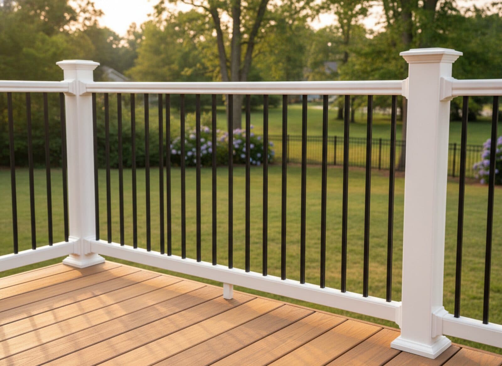 White deck railing system with slim black aluminum balusters on a composite deck