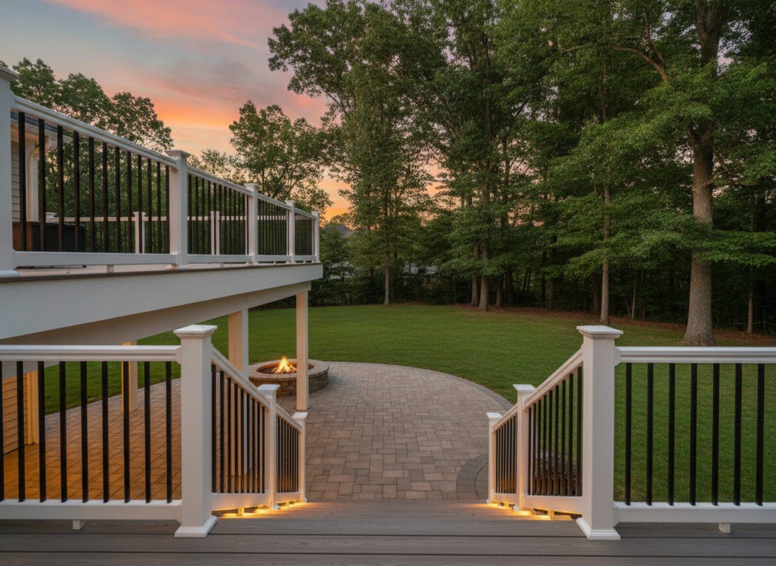 Composite deck stairs with LED tread lighting leading down to a paver patio at dusk